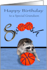 Birthday to Grandson with a Cute Raccoon Playing Basketball on Blue card