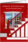 Christmas from custom name, staircase with a window holiday scene card