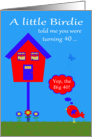 40th Birthday, humor, a cute bird with a talk bubble by bird house card