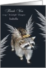 Thank You to caregiver, custom name, raccoon with wings and a halo card