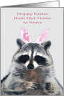 Easter from Our Home to Yours, a cute raccoon with bunny ears on gray card
