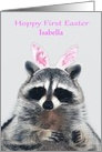 Easter, Baby’s First, custom name, a cute raccoon with bunny ears card