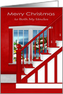 Christmas to Both Uncles, staircase with window holiday scene on red card