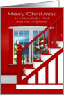 Christmas to Dad and Girlfriend, staircase, holiday window scene card