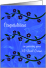 Congratulations, passing A2 Level exams, stems with flowers on blue card