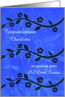 Congratulations, passing AS Level exams, custom name, flowers on blue card
