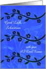 Good Luck, with AS Level exams, custom name, stems of flowers on blue card