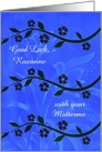 Good Luck, with midterms, custom name, long stems of flowers on blue card