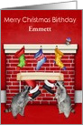 Birthday on Christmas, custom name, raccoons with Santa Claus card