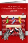 Invitations to Christmas Eve Birthday Party, custom name, raccoons card