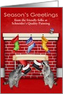 Season’s Greetings, custom name business, raccoons with fireplace card