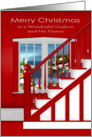 Christmas to Godson and Fiance, staircase with holiday window scene card