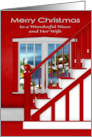 Christmas to Niece and Wife with a Staircase Holiday Window Scene card