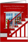 Christmas to Niece, a staircase with a holiday window scene on red card