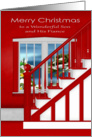 Christmas to Son and Fiance, a staircase with a holiday window scene card
