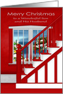 Christmas to Son and Husband, staircase with a holiday window scene card