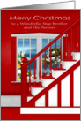 Christmas to Step Brother and Partner, staircase, holiday window scene card