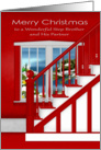 Christmas to Step Brother and Partner, staircase, holiday window scene card