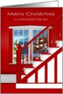 Christmas to Step Son, a staircase with a holiday window scene on red card