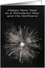 New Year to Son and Girlfriend, chalkboard, fireworks, black and white card