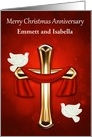 Anniversary on Christmas, custom name, religious, white doves, cross card