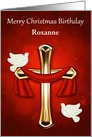 Birthday on Christmas, custom name, religious, white doves, red cross card
