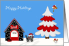 Happy Holidays, general, black toy poodle with a bird and mouse, tree card