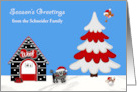 Season’s Greetings Custom Name with a Black Toy Poodle and Bird card
