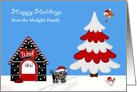 Happy Holidays, custom name, black toy poodle with bird, mouse card