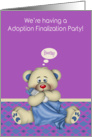 Invitations to adoption finalization party, boy, blue bear with bottle card