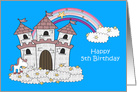 5th Birthday, age specific, castle and unicorn floating on clouds card