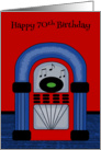70th Birthday, age specific, red, blue, black jukebox, musical notes card