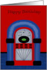 Birthday with a Jukebox and Musical Notes on Red and Blue card