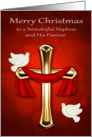 Christmas to Nephew and Fiancee, religious, beautiful white doves, red card