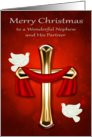 Christmas to Nephew and Partner, religious, beautiful white doves, red card
