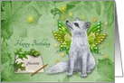 Birthday, custom name, beautiful mystical fox with wings on green card