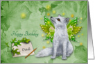 Birthday to Dad, a beautiful mystical fox with wings on green, leaves card