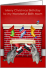 Birthday on Christmas to Birth Mom, raccoons with Santa Claus, red card