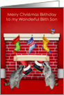 Birthday on Christmas to Birth Son, raccoons with Santa Claus, red card