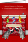 Birthday on Christmas to Great Grandma, raccoons with Santa Claus card