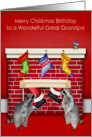 Birthday on Christmas to Great Grandpa, raccoons with Santa Claus card