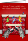 Birthday on Christmas to Great Uncle, raccoons with Santa Claus card
