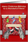 Birthday on Christmas to Friend with Raccoons and Santa Claus on Red card