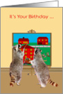Birthday, general, adorable raccoons painting the town red on canvas card