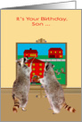 Birthday to Son, two adorable raccoons painting the town red, canvas card