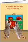 Birthday on Anniversary with Adorable Raccoons Painting the Town Red card
