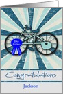 Congratulations on 1st Place, Bike Rodeo, custom name, blue starburst card