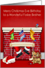 Birthday on Christmas Eve to Foster Brother, animals with Santa Claus card