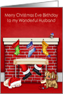 Birthday on Christmas Eve to Husband with Animals and Santa Claus card