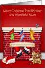 Birthday on Christmas Eve to Mum, animals with Santa Claus on red card